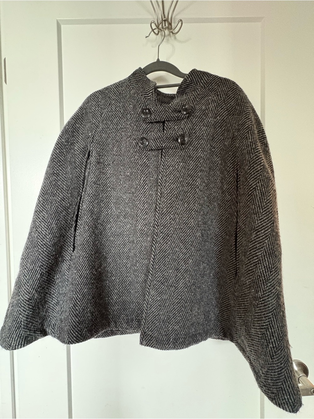 ModCloth Pardon My French Quarter Cape Coat Herringbone black grey size M